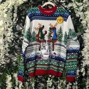 Tipsy Elves Festive Reindeer Crewneck Sweater - Red, Green, Blue, White